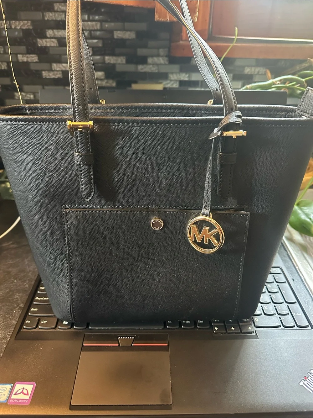 Michael Kors Black Saffiano Tote with Gold MK Charm